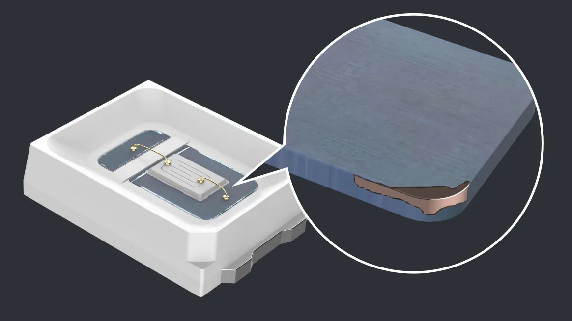 Detalle de un encapsulado LED de DENO con una base de cobre puro plateado