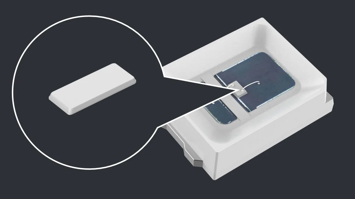 Encapsulado LED estándar con pastilla pequeña de 7 x 14 mil utilizado como referencia de comparación